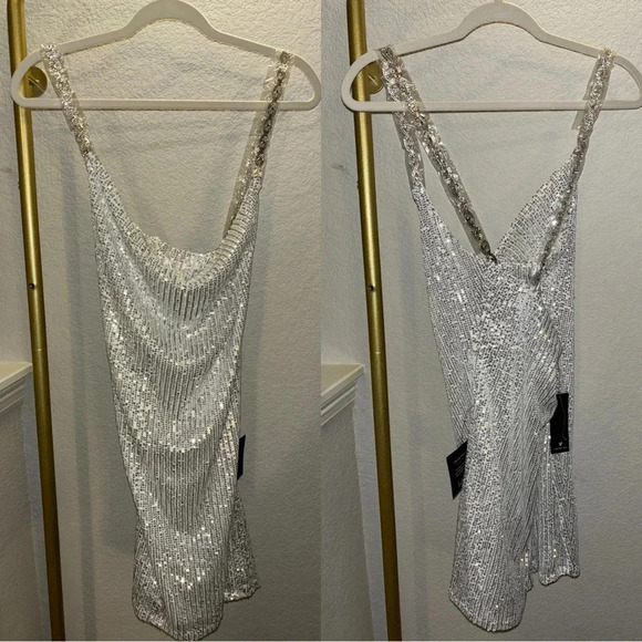 NWT Lulus Famous Behavior Silver Sequin Cowl Neck Mini Dress - Picture 6 of 10